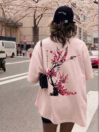 Vintage Washed Sakura Print Regular Fit Women's Japanese Zen Style Blouse Casual Pink