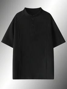 1 pieza Camiseta de manga corta con cuello henley a cuadros para hombre de estilo retro, adecuada para el uso diario y el estilo casual de negocios - Negro - Ver 3