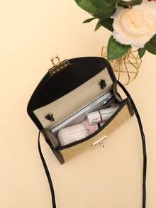 搭扣式夏季清新草编方形单肩手提包 - 黑色 - 查看 5