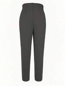 Pantalones tobilleros elegantes de unicolor y ajustados con cinturón para mujer, pantalones de trabajo y uso diario, color rojo primavera - Gris Oscuro - Ver 5