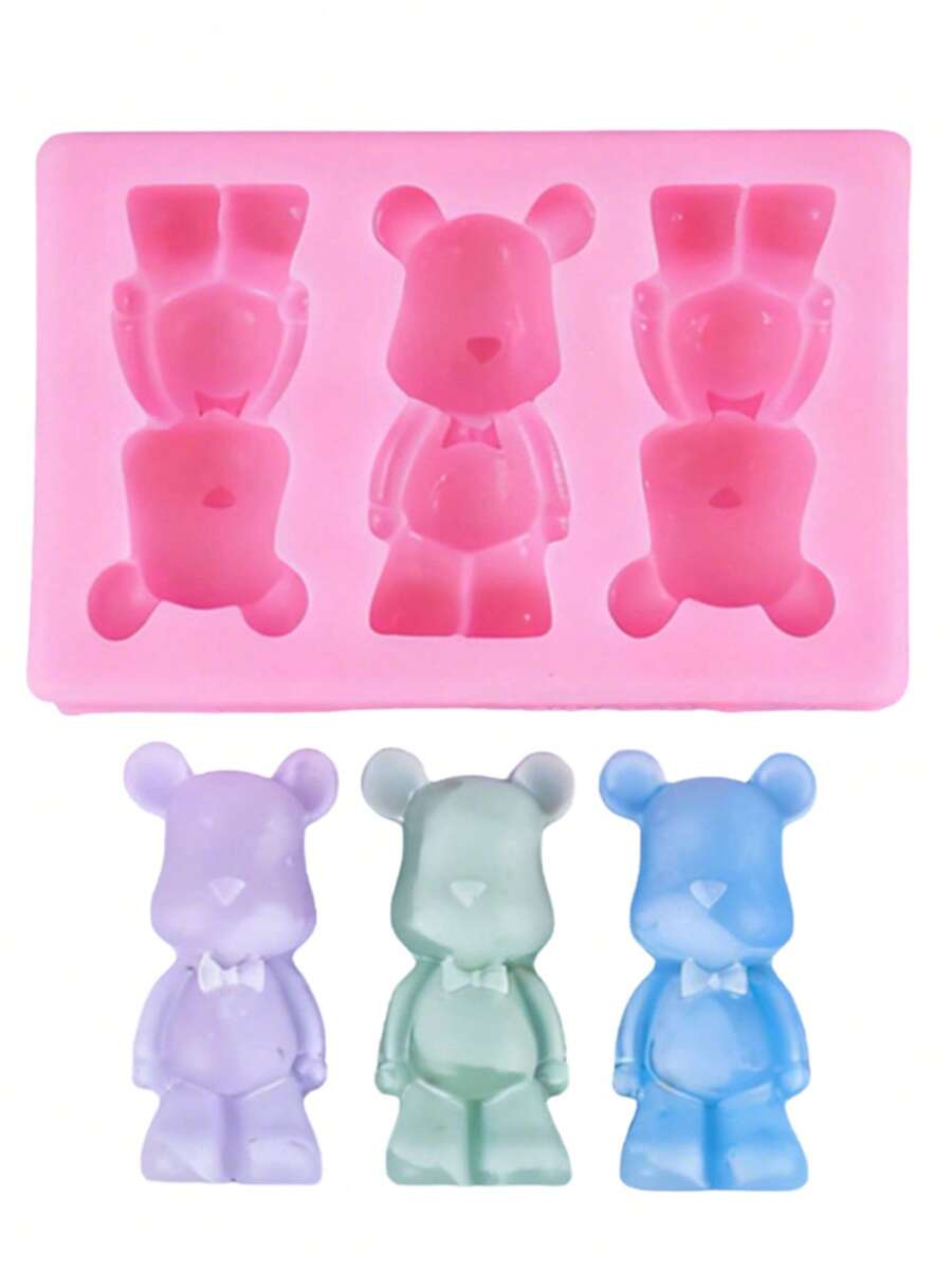 1pc, 3 Cavity Bowtie Bear Shaped Silicone Baking Mold - Multicolor - View 1