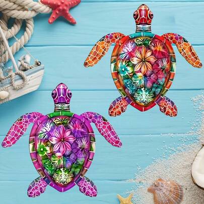 2D 平面金属海龟墙饰（1 件） - 多色设计，饰以花卉龟壳图案 - 室内/室外花园装饰 - 复古海洋动物壁挂 - 适用于露台或庭院