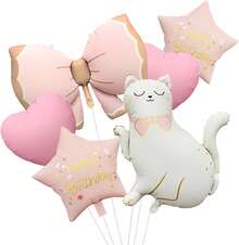 Macaron - Juego de globos con lazo de macaron y globos de feliz cumpleaños, colores pastel perfectos para fiestas de cumpleaños, baby shower, fiesta temática de unicornio y decoraciones festivas, 6 - gato - Ver 2