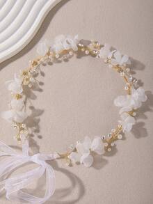1 pieza Diadema con flor de organza, hojas, cristales de imitación y perlas falsas, adecuada para bodas, fotografía diaria, vacaciones, cumpleaños y otras ocasiones - Multicolor - Ver 4