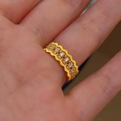 18K Gold Plated Hollow Flower Filigree Zirconia Stone Open Ring For Women, New Chinese Style Luxurious
