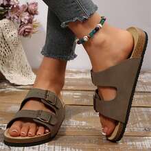 Women's Sandals Flats Soft Open Toe Summer Slide With Adjustable Buckle Slippers Shoes - Nâu sẫm - Xem 4