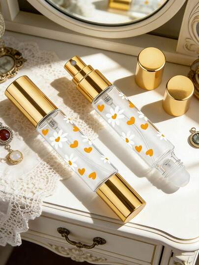 2-In-1 Perfume Spray Bottle, Roller Ball + Spray Dual Function, Transparent Minimalist Printed Design, Gold Leakproof Durable Cap, Suitable For Perfume, Cologne And Essential Oils, Travel Essential, Summer Decor