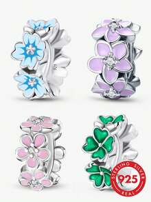 1 pieza Cuentas de flor coloridas de plata de ley 925, adecuadas para pulseras, brazaletes, manualidades de joyería y combinación diaria de las mujeres, un accesorio ideal como regalo para chicas en el Día de San Valentín - Plateado - Ver 12