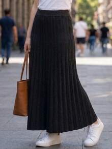 Women's Pleated Knit Skirt, Long, Wide Waistband, Evangelical Style, Elegant And Casual Knit - 黑色 - 查看 1