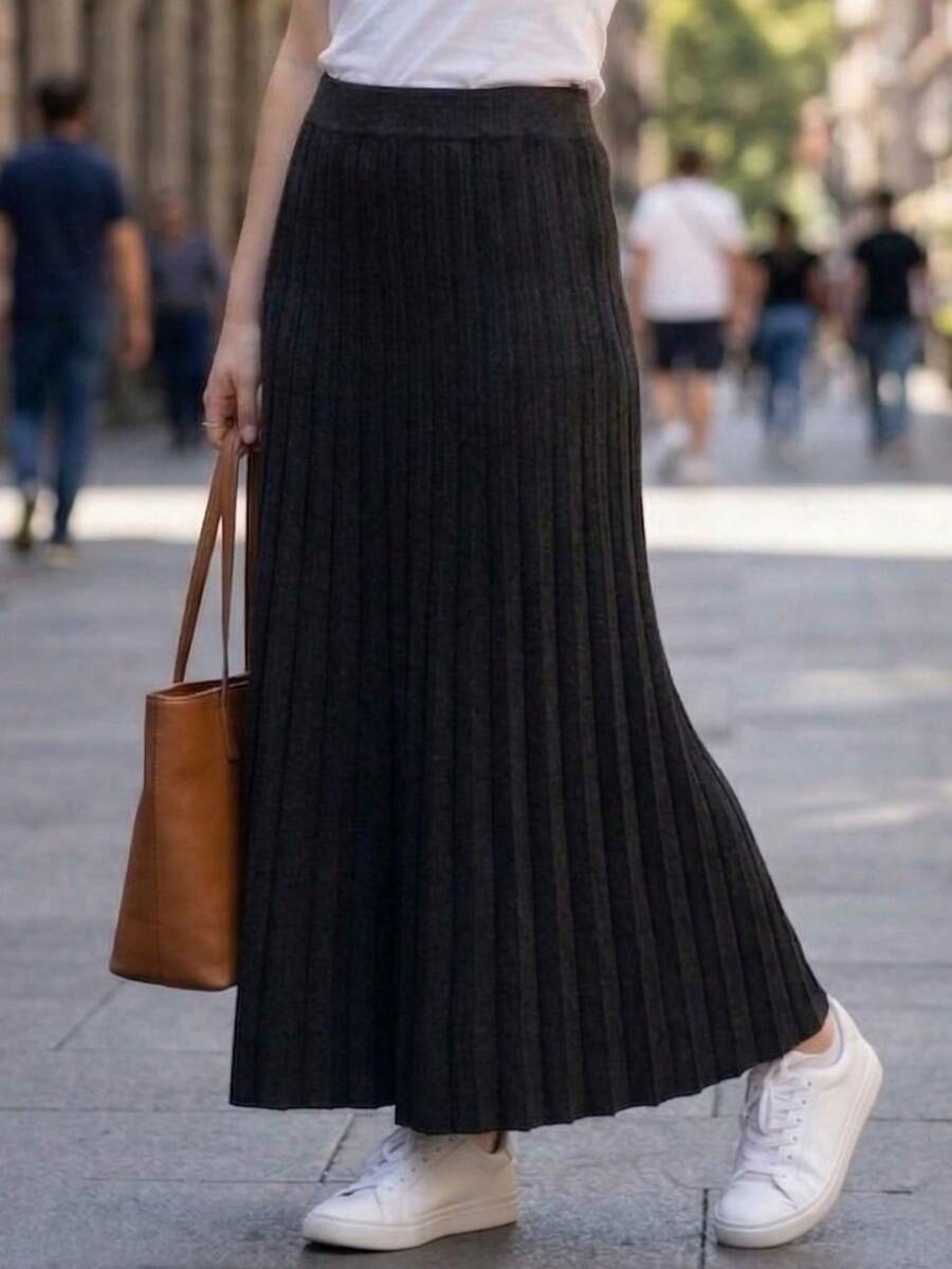 Women's Pleated Knit Skirt, Long, Wide Waistband, Evangelical Style, Elegant And Casual Knit - 黑色 - 查看 1