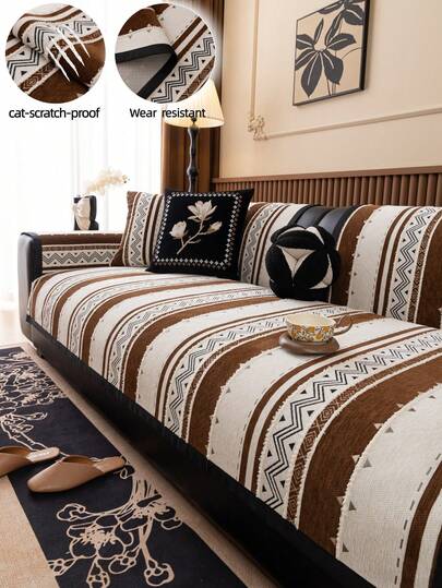 1pc Bohemian Chenille Sofa Cushion Cover, Geometric Pattern, Modern Luxury Sofa Slipcover, All Season Use, Non-Slip Anti-Dust Fixed Sofa Cover, Wrinkle-Resistant, Soft & Delicate, Protect Sofa, Machine Washable, Non-Deformable, Durable, Anti-Cat Scratch, Anti-Stain, Sofa Makeover, Sofa Decor, Enhance Ambiance, Fit 1-4 Seater, L-Shaped Sofa