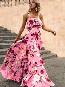 Spring/Summer New Beach Vacation Style Printed 2-Piece Set, Ruffle Camisole Top & Cake Skirt, Polyester Material Pink - Pink - View 3