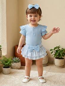 Newborn Baby Girl Summer Clothes Infant Baby Girls Summer Outfit Ribbed Knit Short Sleeve Romper Elastic Waist Plaid Shorts Ruffled Skirts Headband Set - 藍色 - 查看 5