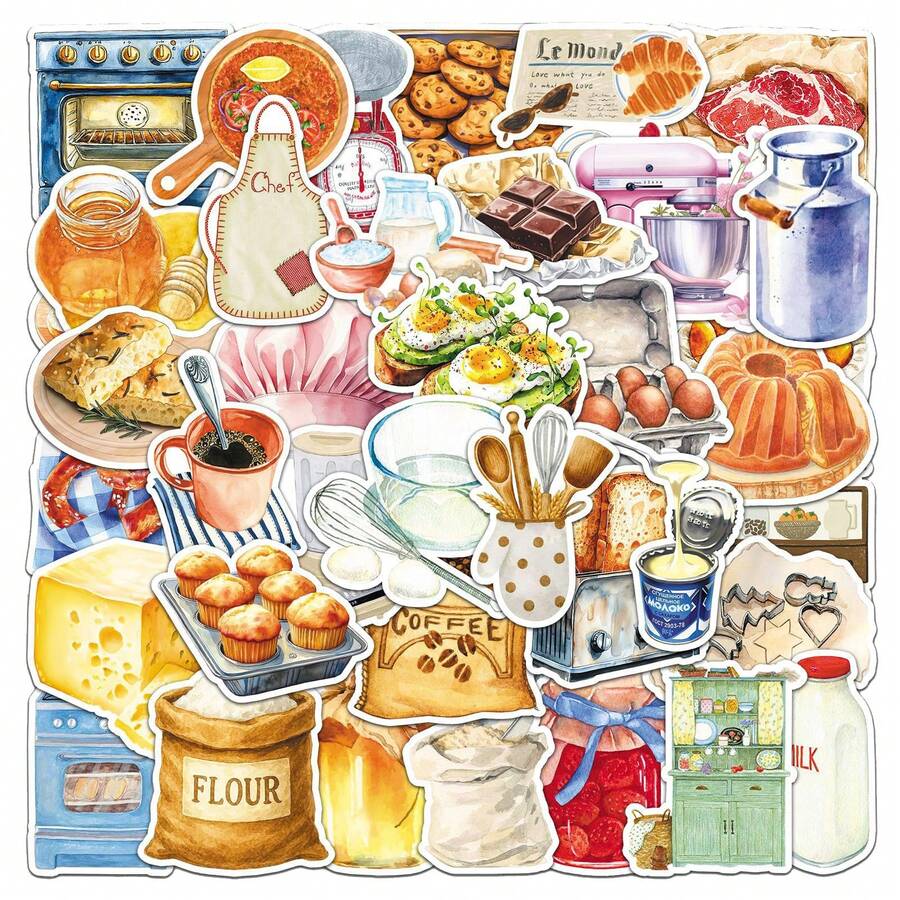 50 piezas Paquete de pegatinas estéticas de Tiempo de Hornear, Pegatinas decorativas de pan lindas, Pegatinas impermeables de regalo de horneado de dibujos animados adecuadas para botellas de agua, computadoras, portátiles, teléfonos, equipaje, cuadernos, refrigeradores