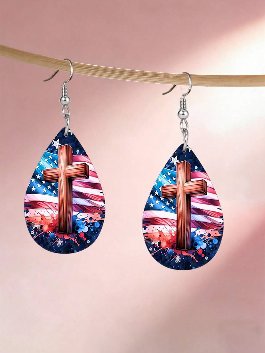 一对基督教美国国旗十字架水滴形PU皮耳环，爱国宗教吊坠耳环，独立日耳环，独特的7月4日和阵亡将士纪念日耳环首饰 - 彩色 - 查看 1
