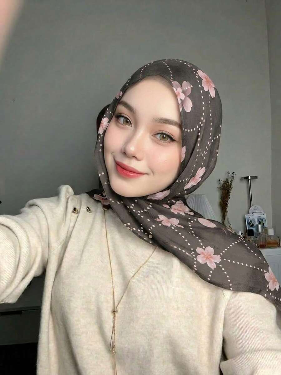 1 pieza Pañuelo ancho con estampado floral caramelo de moda para mujer, cómodo, ligero, transpirable y suave, hijab premium de borde ancho, chal de protección solar de verano para mujer, uso versátil diario, playa, vacaciones - Multicolor - Ver 1