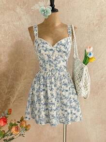 Temptaria V领蕾丝拼接纽扣门襟饰边褶皱修身格纹吊带连衣裙度假款 - 藍白色 - 查看 1