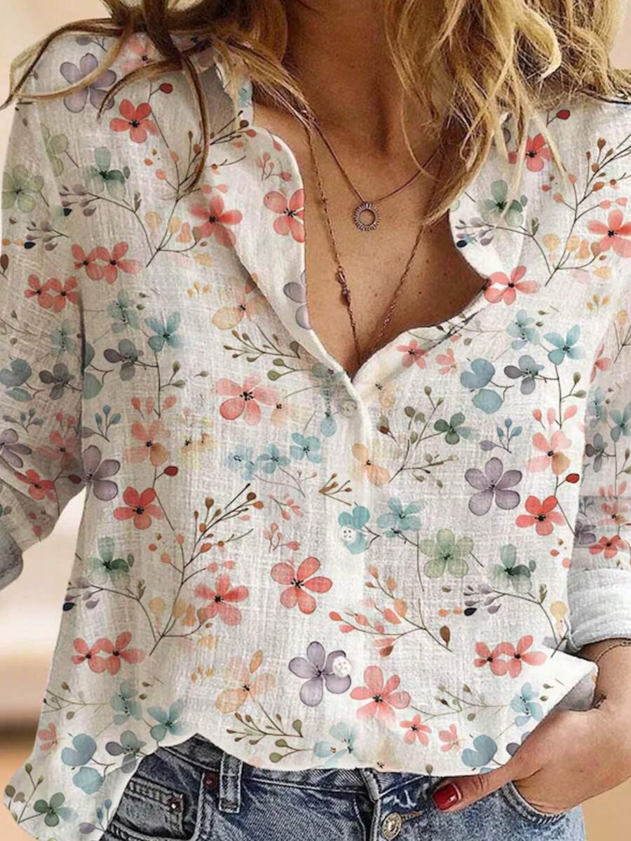 女士优雅印花翻领纽扣衬衫，休闲时尚上衣，春秋度假时尚长袖衬衫 - 彩色 - 查看 1