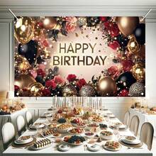 Fondo de fondo de rosa roja y negra con globos dorados para fotografía, decoración de fiesta de cumpleaños, elegantes suministros florales de cumpleaños, accesorios para cabina de fotos, 71 - Rosa roja y negra - Ver 10