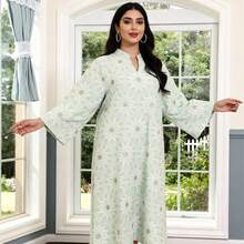 Đầm thêu hoa màu xanh lá cây thanh lịch, trang phục nữ Ả Rập, cổ Jalabia tay rộng, mẫu mới thời trang tươi mới, đầm màu xanh lá nhạt thời trang dành cho nữ. - Màu xanh Bạc hà - Xem 4