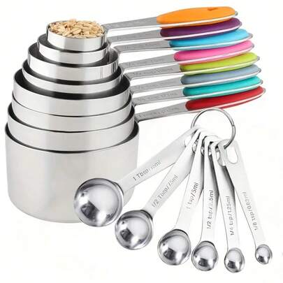 Bộ 6 thìa đong bằng thép không gỉ, cốc đong chất lỏng và khô chịu lực cao với vạch chia hệ mét và hệ inch, bộ dụng cụ nhà bếp có thể xếp chồng lên nhau dùng cho chất lỏng, chất rắn và bột, kèm móc treo - Dụng cụ nhà bếp