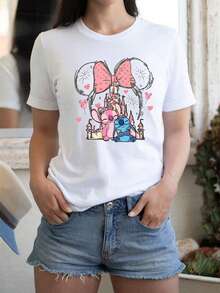 Authorize Disney Women's T-Shirts, Stitch And Angel T-Shirts, Minnie Stitch Shirts, Lilo And Stitch T-Shirts, Minney Bow Shirts, Magic Kingdom Shirts, Disney Vacation Shirts, Women's Casual Loose Tops, Summer Streetwear, Birthday Gift Shirts, Amusement Park Home Matching Shirts, Text Shirts, Retro Style Amusement Park Travel Shirts, Family Vacation Shirts, Casual Loose T-Shirts. Soft And Breathable Fabric Is Suitable For Themed Activities, Made Of Soft, Comfortable, And Durable Materials. Spring And Summer Women's Round Neck T-Shirts Are Perfect For Daily Wear, Shopping, Parties, Travel, And Gatherings. It Is Also An Exquisite Classic Sportswear And Women's Summer Clothing, With A White Top - 白色 - 查看 1