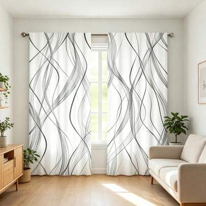 2pcs Modern Minimalist Style Gray And White Semi-Sheer Curtains, 100% Polyester Fabric, Machine Washable, Rod Pocket Design, Suitable For Bedroom, Living Room, Game Room, Home Office - Modern Knitted Weaving Technique, Scenic Theme (Rods Not Included)