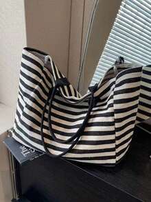 Large Capacity Black & White Striped Beach Tote Bag, Foldable Canvas Shoulder Bag, Waterproof & Sand-Proof Travel Bag For Summer Essentials, Perfect For Beach Trips, Pool Days, Shopping And Daily Use, Suitable For Women, Travelers And Beach Lovers, Ideal For Spring Break, Easter, Mother's Day, Vacation And Gifts, Durable Woven Material, Can Be Used As Beach Bag, Shopping Bag And Travel Companion - Multicolor - View 6
