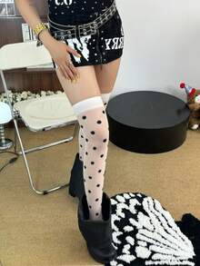 1双女士黑色波点过膝长筒袜，百搭哥特/洛丽塔风格，JK学院风修身长筒袜，适合日常穿着 - 彩色 - 查看 5