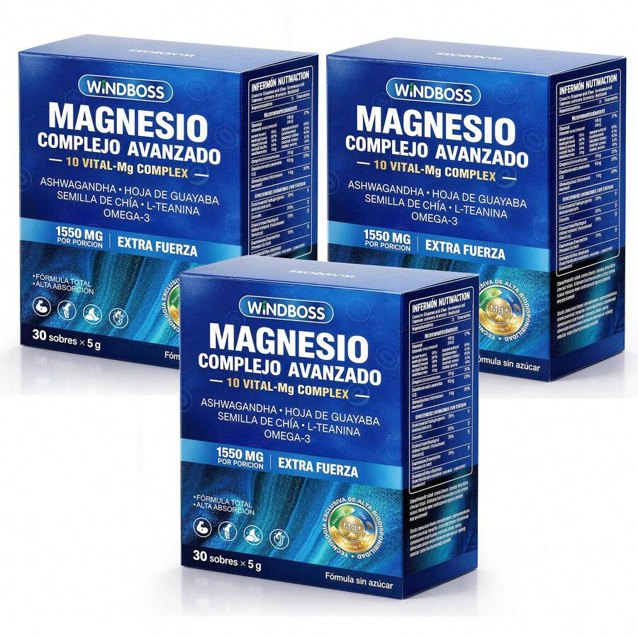 Windboss Magnesio Complejo Avanzado 1550mg – 10 Vital-Mg Complex con Ashwagandha, L-Teanina y Omega 3 | Suplemento en Sobres 5g | 30 Porciones - paquete 3 - Ver 1