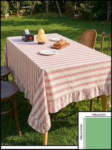1pc Light Red Fresh Striped Ruffle Tablecloth, American Farmhouse Style Minimalist Decor, Rectangular For Dining Table, Coffee Table, TV Stand, Entryway, Suitable For Holidays, Parties, Weddings, Banquets, Home, Office, Outdoor Picnic, All Seasons - Red - View 12
