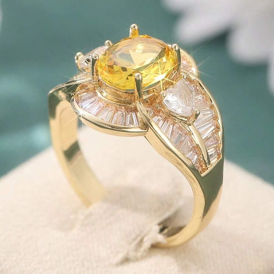 Nhẫn đồng mạ vàng sang trọng, đính đá Zirconia màu vàng hình bầu dục, thiết kế hoa văn, trang sức thanh lịch dành cho nữ, món quà sinh nhật/lễ hội lý tưởng. - Vàng - Xem 1