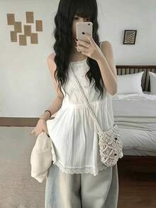 韩版时尚春季蕾丝边提花吊带裙，优雅可爱白色夏季女式吊带裙 - 白色 - 查看 1
