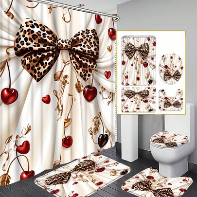 1/3/4件套豹纹领结樱桃图案浴室帘套装，奢华风格浴帘，防水布艺浴帘配防滑垫、马桶座套和U型地垫，适用于家居/卧室/客厅/家用物品