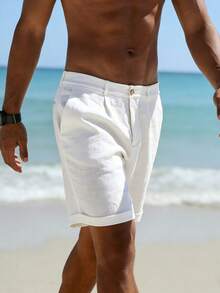 Men's Linen Shorts, Men's Summer Linen Pants | American Sporty Casual Shorts | Comfortable Fabric Material | Straight Cut Relaxed Fit | Elastic Drawstring Waist Design Suitable For Various Body Types | Suitable For Spring/Summer Commuting, Vacation, Travel, Daily Wear | Breathable And Non-Stuffy - White - View 3