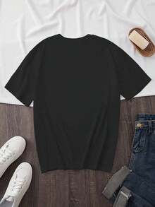 Camiseta de mujer de cuello redondo y manga corta, camiseta gráfica casual con estampado de mariposa "Reina" - Negro 2 - Ver 2