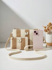 Bộ 2 món đồ thời trang mới làm từ chất liệu rơm: túi đeo vai, túi cầm tay, ví đựng tiền xu. - Màu be - Xem 3