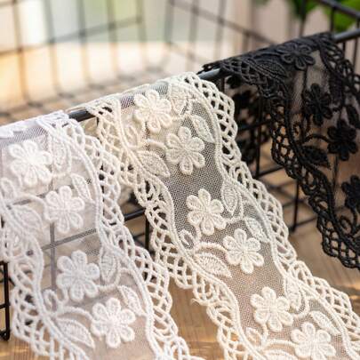 1/5 Yard, 8cm Wide Vintage Floral Embroidered Mesh Lace Trim, Suitable For DIY Sewing, Wedding Bridal Dress, Home Decor Curtains, Elegant White, Beige, Black Flower Mesh Lace Edging Ribbon For Veil Alteration And Party Dress DIY