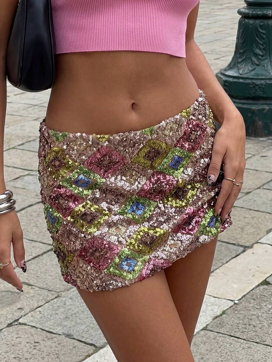 Women Summer Fashion Bodycon Sequin A - Line Mini Skirt For Party, Vacation And Streetwear - Pink - View 1