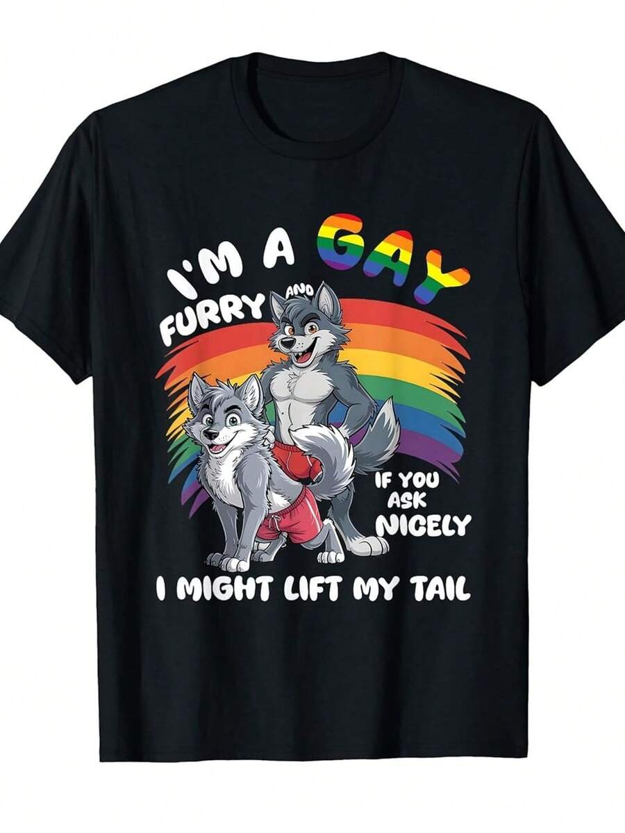 [Pride Month T-Shirt] Men's Fun Gay Furry Pride Month T-Shirt  Rainbow Fox And Dog Pattern I Am Gay Furry Slogan, Comfortable Crew Neck Short Sleeve Casual T-Shirt, Suitable For Ca - màu đen - Xem 1