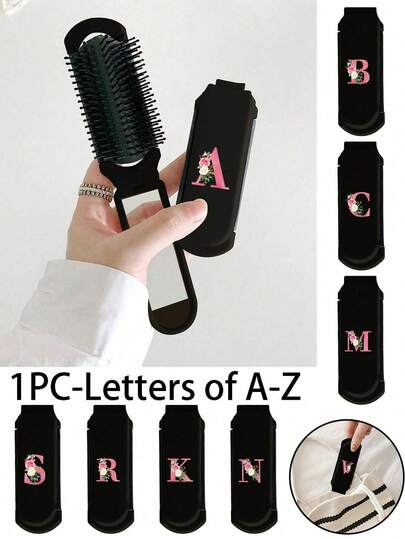 黑色二合一折叠式美发化妆镜 – 便携式桌面180°折叠梳子，现代旅行美容工具，字母和粉白玫瑰花图案，带化妆镜的折叠梳子，方便携带，非常适合旅行外出使用，双用途气垫梳，头皮按摩梳，适合学校、工作、旅行、度假，送给女孩、家人、朋友、同事，母亲节礼物