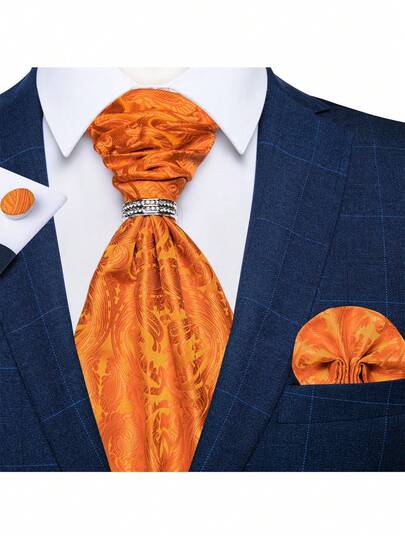 Fashion Vintage Orange Tone Ascot Tie Pocket Square Cufflinks Ring Set For Wedding Celebration