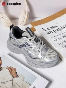 baasploa Women's Thick-Sole Sneakers, Breathable Lightweight Mesh, Women's Tennis Shoes, Walking Shoes, Comfortable Non-Slip Casual Sports Shoes, Suitable For Running And Fitness All Year Round, Available In Beige, White And Silver Grey - Silver-gray - View 8