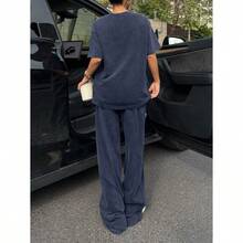 Women's Washed Brown T-Shirt And Pants Two-Piece Casual Set - 藏蓝色 - 查看 3