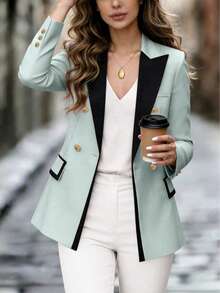 Blazer casual y elegante de manga larga con botones y contraste de color rosa para mujer, primavera - verde pálido - Ver 4