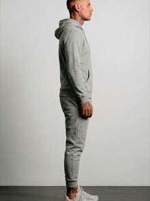 Men's Athletic Tracksuit Set: Hoodie With Kangaroo Pocket And Pants With Elastic Cuffs And Waistband With Drawstring - Grey - View 5