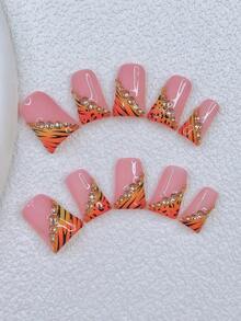 10pcs Y2K Nails Chic Duckbill Press On Nails Set , Handcrafted, Pink Nails, Orange Nails, Orange And Yellow Gradient French Tip Nails, Hand Drawn Black Polka Dot And Black Zebra Stripe Design, Orange And Yellow Gradient Nails, Sparkling Gold Rhinestone Decoration, Delicate Graceful Nails - 彩色 - 查看 11