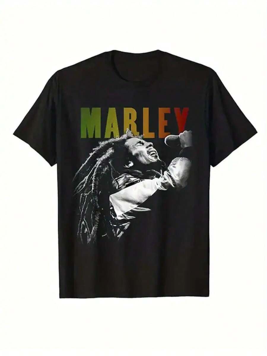 Bob Marley Reggae T-Shirt - Black Cotton, Vibrant Print Loose Fit All-Season Tee - 黑色 - 查看 1