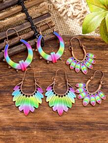 TopHanqi Bohemian Rainbow Ombre Retro Earrings, Vintage Hollow Copper Earrings, Vacation Personalized Earrings - Multicolor - View 15