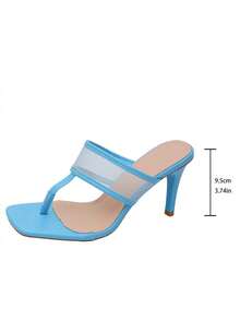 planare New Stylish Women's Slip-On Square Toe Thin Heel Blue & White High Heel Sandals, Breathable Mesh Patchwork Design Suitable For Daily Commute, Dating And Other Occasions - Blue - View 8